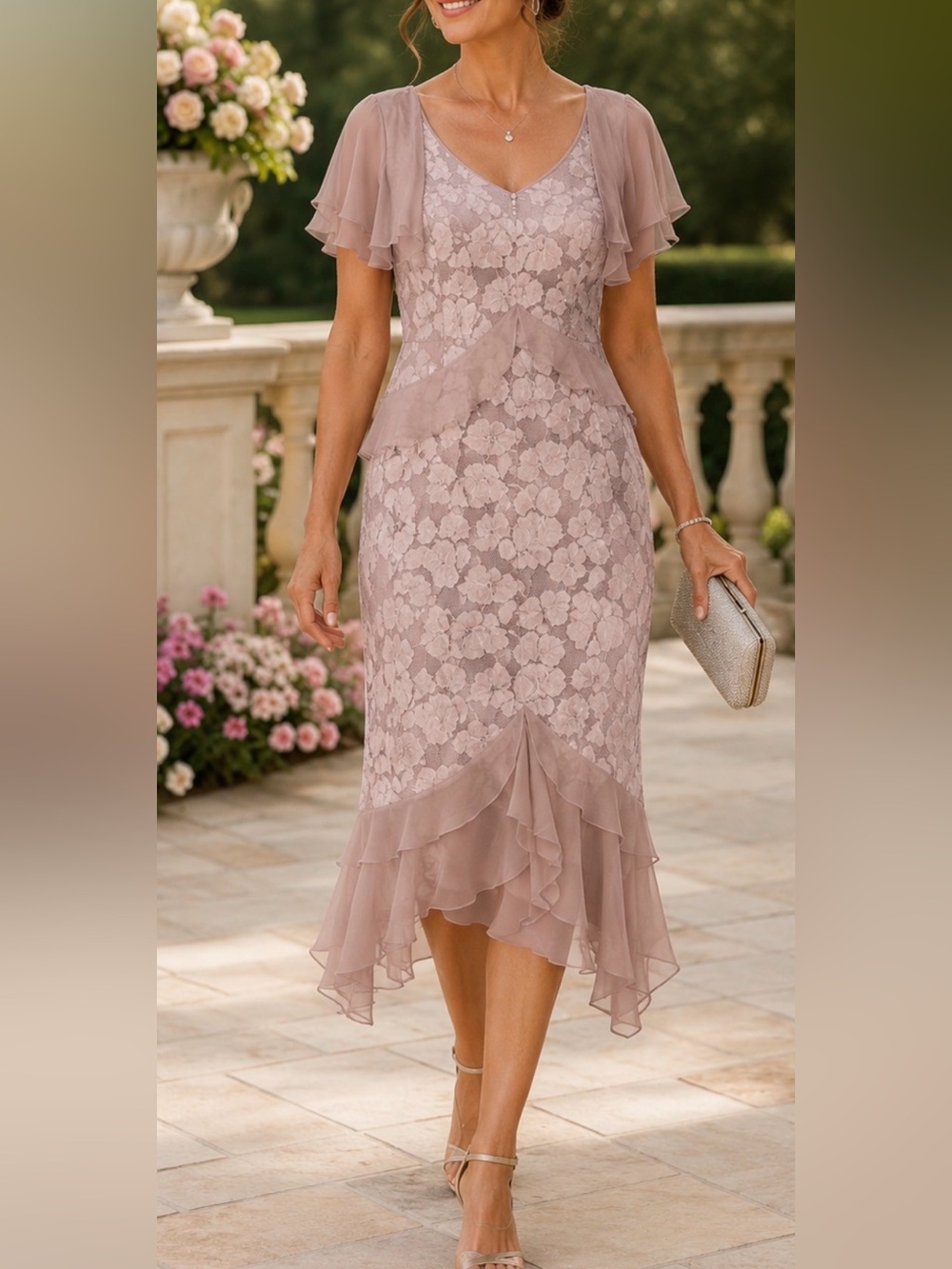 Sara Mique D218 Mushroom Floral Lace Chiffon Occasion Dress NWT Size Small